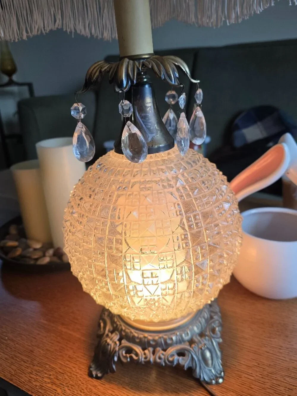 Set Two Vintage Pressed Glass Hobnail Diamond Point Boudoir/Parlor Table Lamps